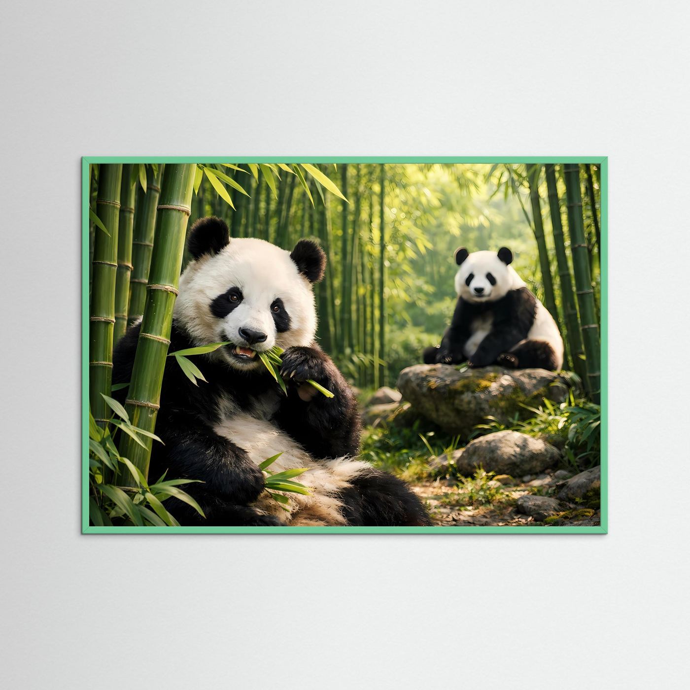 Poster mit zwei Pandas im Bambuswald, sitzend auf Steinen, rosafarbener Holzrahmen