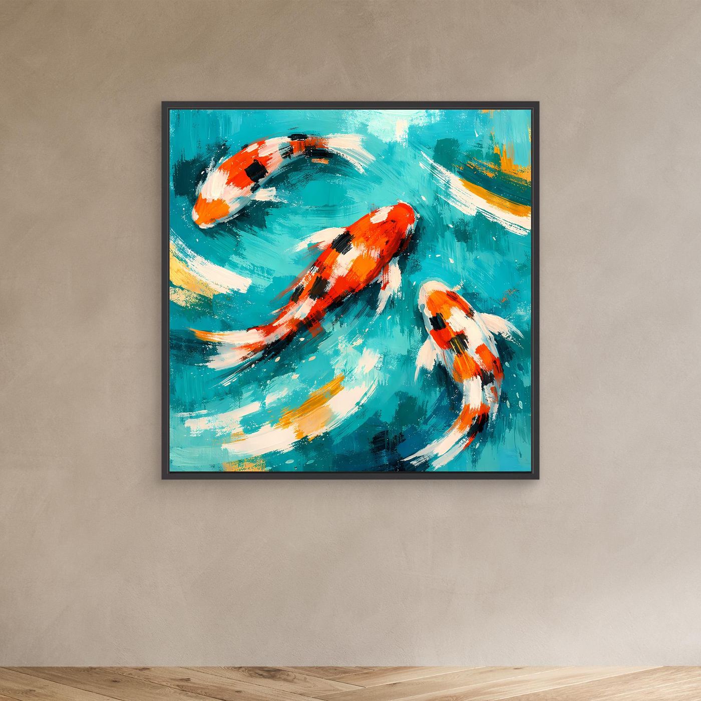 Leinwand Dynamische Koi-Karpfen im smaragdgrünen Wasser | Fernöstliches Wandbild auf Keilrahmen