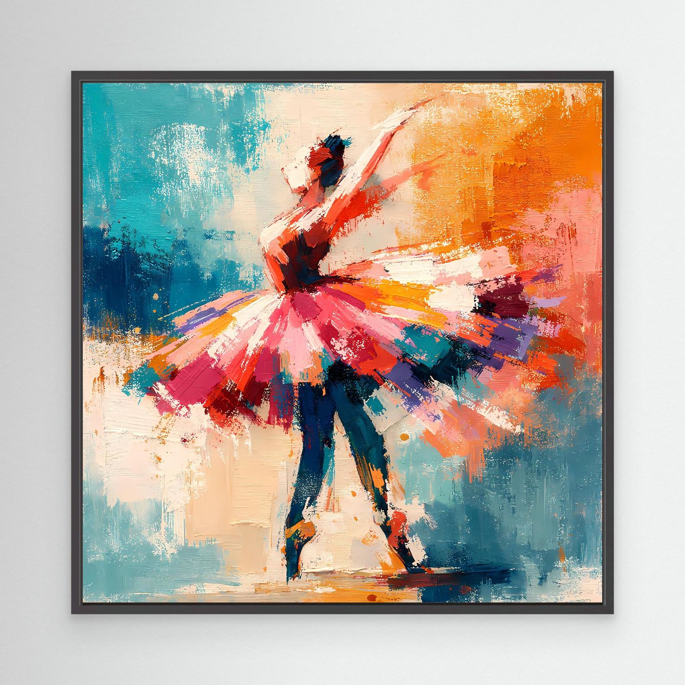 Abstract ballerina wall art in a black frame, red tutu dancer with teal, blue, and orange