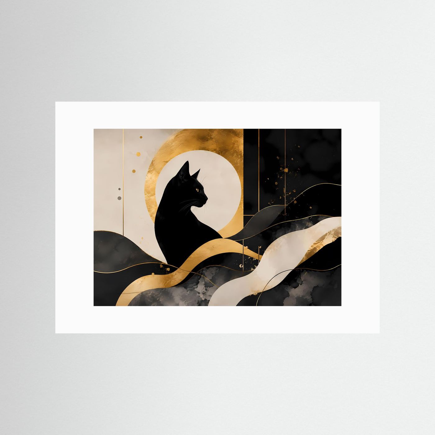Schwarze Katze vor goldenem Mond | Abstrakte Katzenkunst in Schwarz & Gold