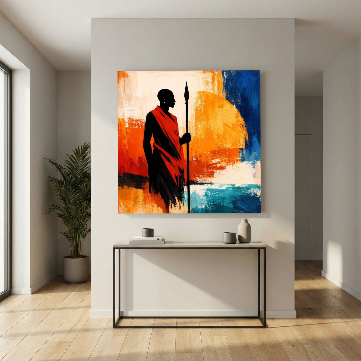 Quadratisches Wandbild mit Krieger-Silhouette, roter Umhang, Speer, orange und blau gesprenkelt.
