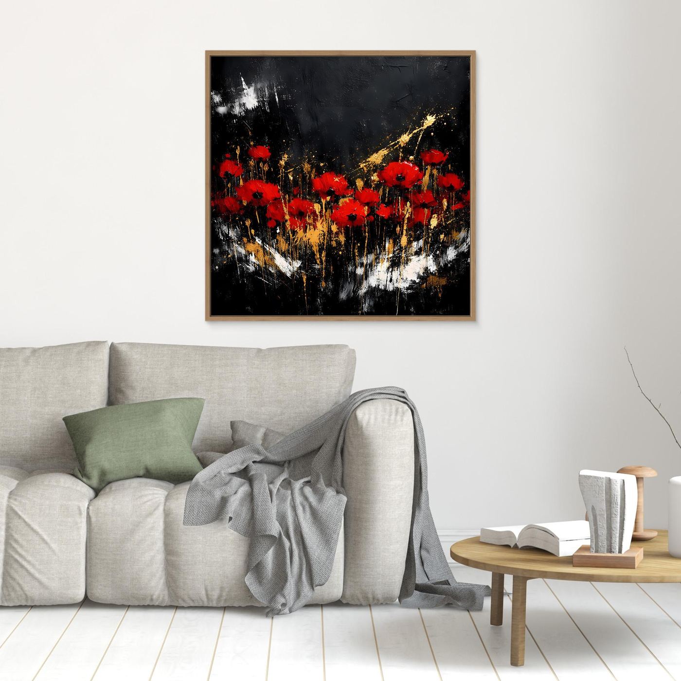 Leinwand Rote Mohnblumen mit Gold-Akzenten | Modernes Florales Wandbild Abstrakt