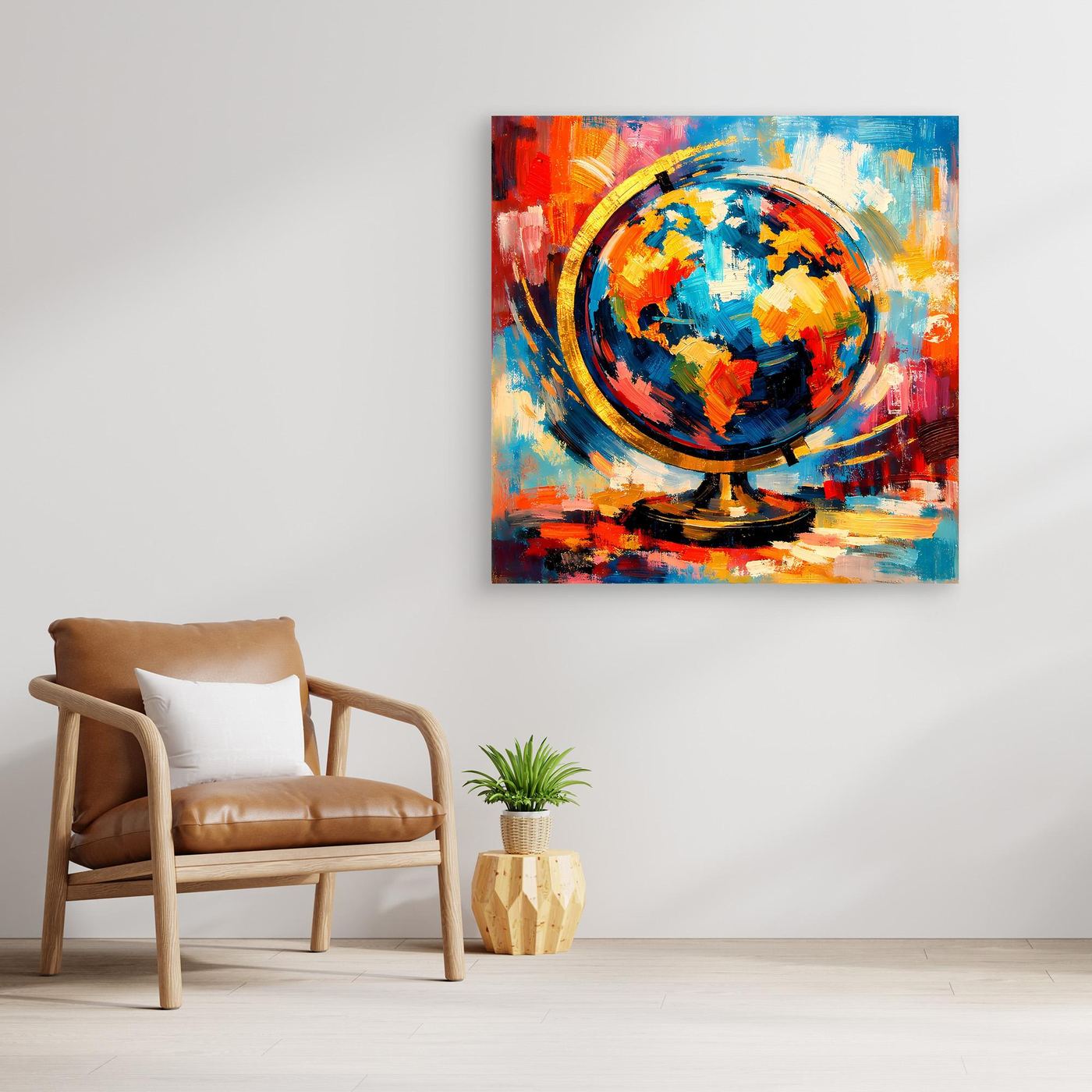 Abstraktes Leinwandbild mit Globus und Weltkarte, bunte Pop-Art, ohne Rahmen