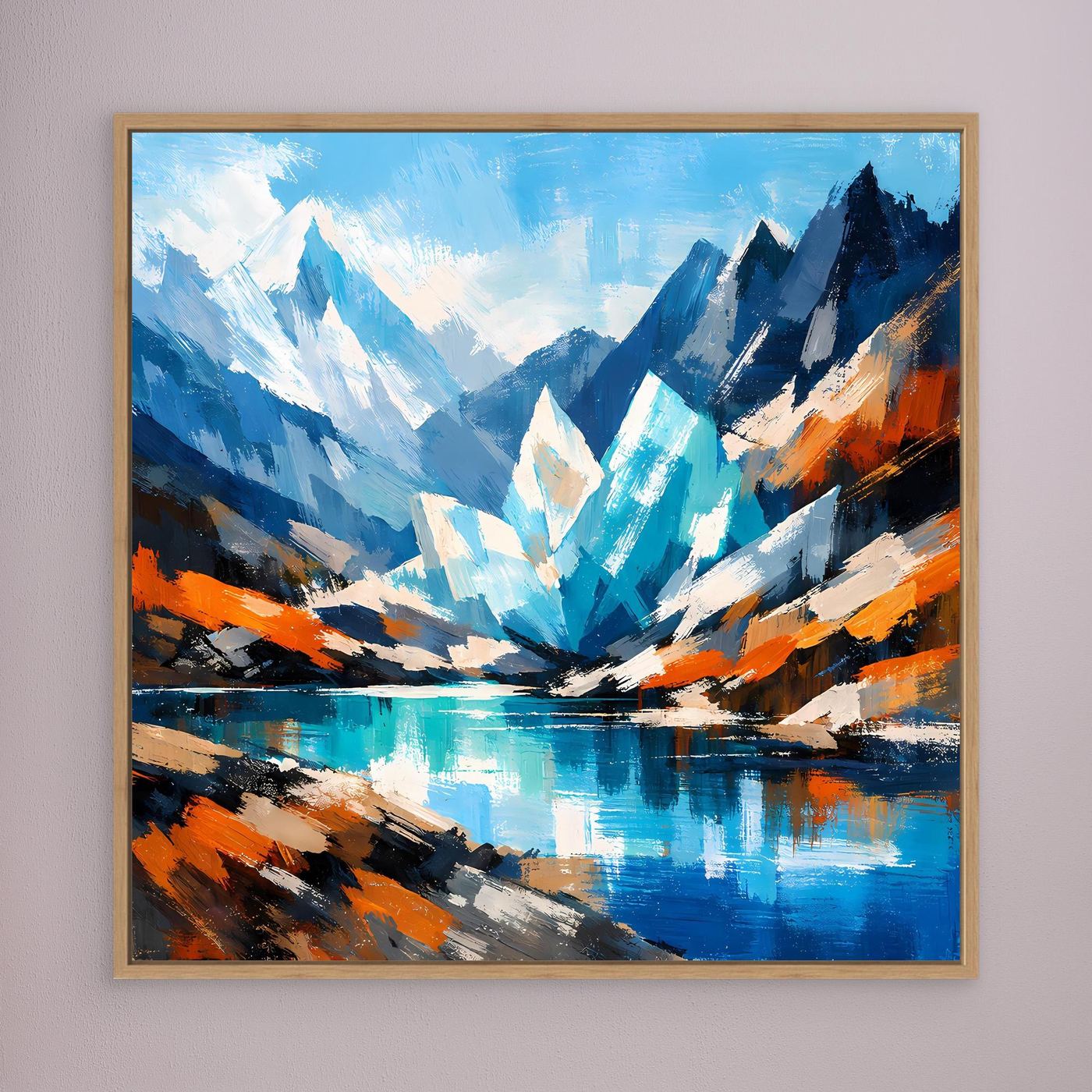 Abstraktes Leinwand-Wandbild mit Bergspitzen und See, türkis/blau, goldbraun gerahmt