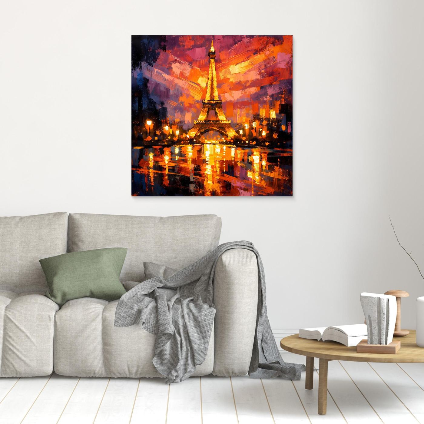 Leinwandbild mit Eiffelturm-Motiv in abstrakter Nachtoptik, orange-rote Lichter und Reflexionen