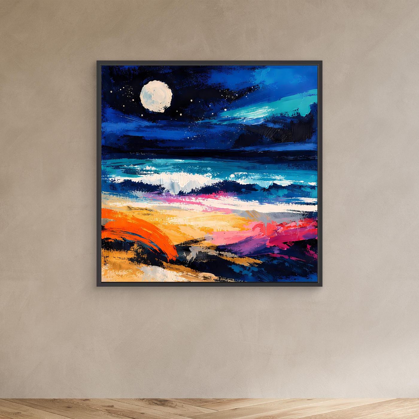 Abstraktes Leinwand-Wandbild mit Vollmond über dem Meer, schwarzer Rahmen, Blau- und Orangetöne