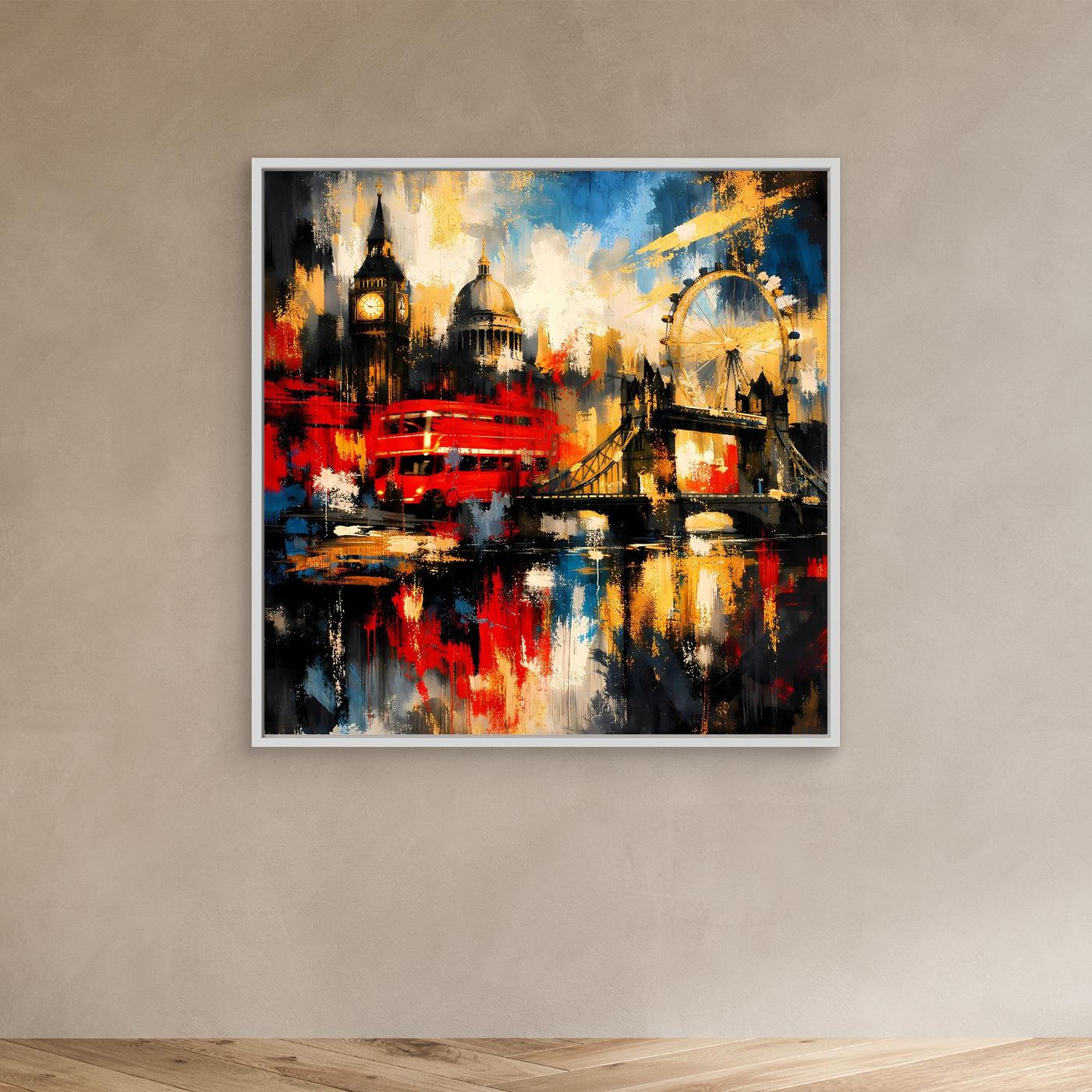 Leinwandbild abstrakte London-Skyline, bunt mit rotem Bus und Riesenrad, weißer Rahmen