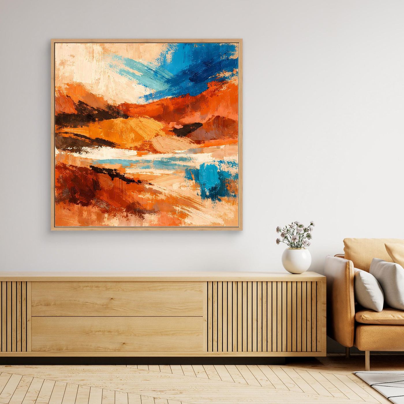 Gerahmtes abstraktes Leinwand-Wandbild, orange-blaue Landschaft, kraftvolle Pinselspuren