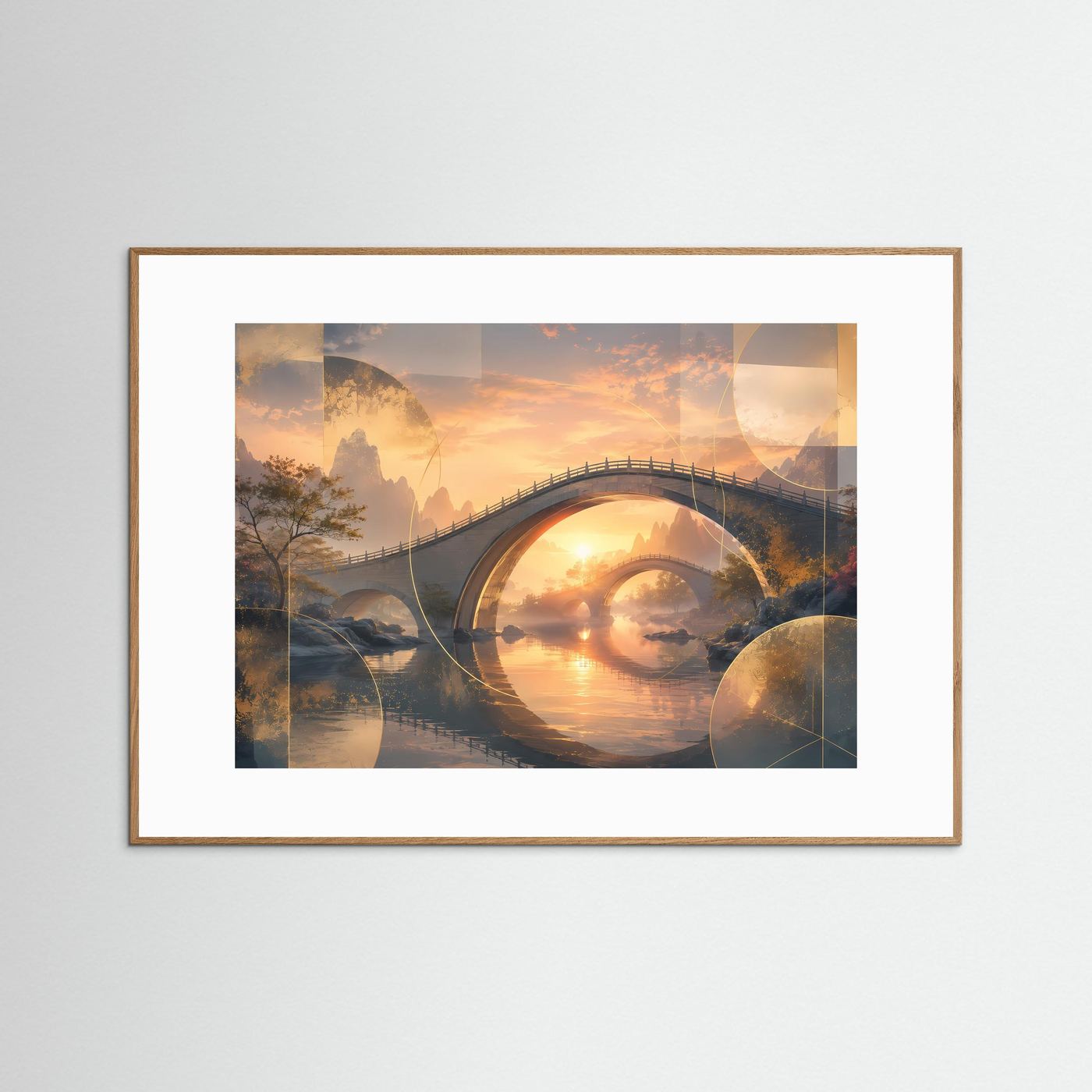 Querformat-Poster mit Bogenbrücke über Wasser im Sonnenuntergang, naturfarbener Rahmen