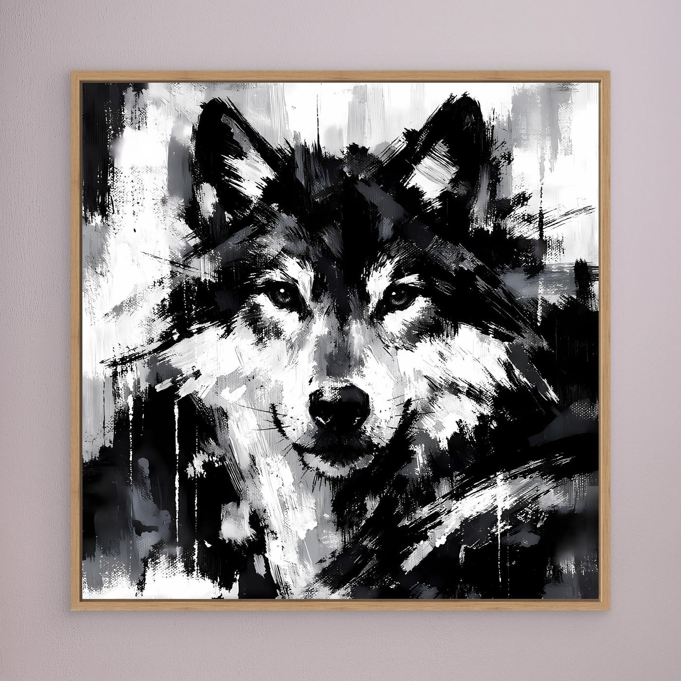 Wolf-Wandbild (Leinwand) in Schwarzweiß, mit braunem Holzrahmen