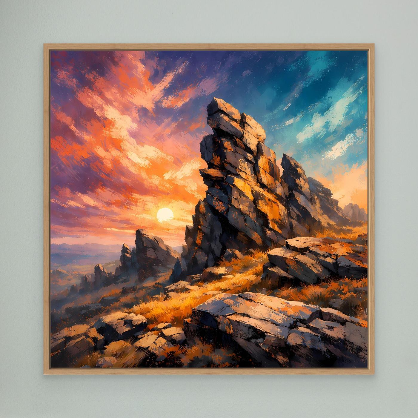 Premium Leinwand Monumentale Felsformation im Sonnenuntergang | Abstraktes Gebirge Wandbild