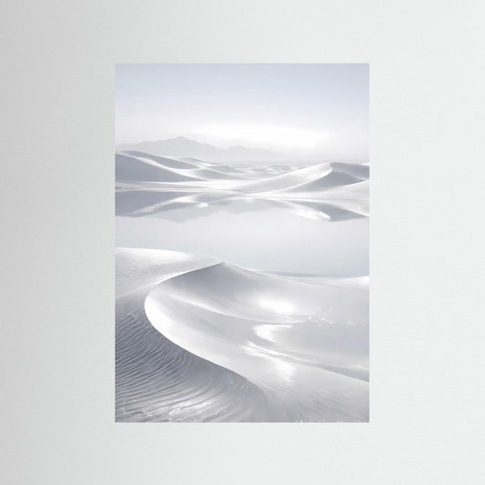 Wandposter mit hellen Dünen und spiegelnder Senke in der weißen Wüstenlandschaft