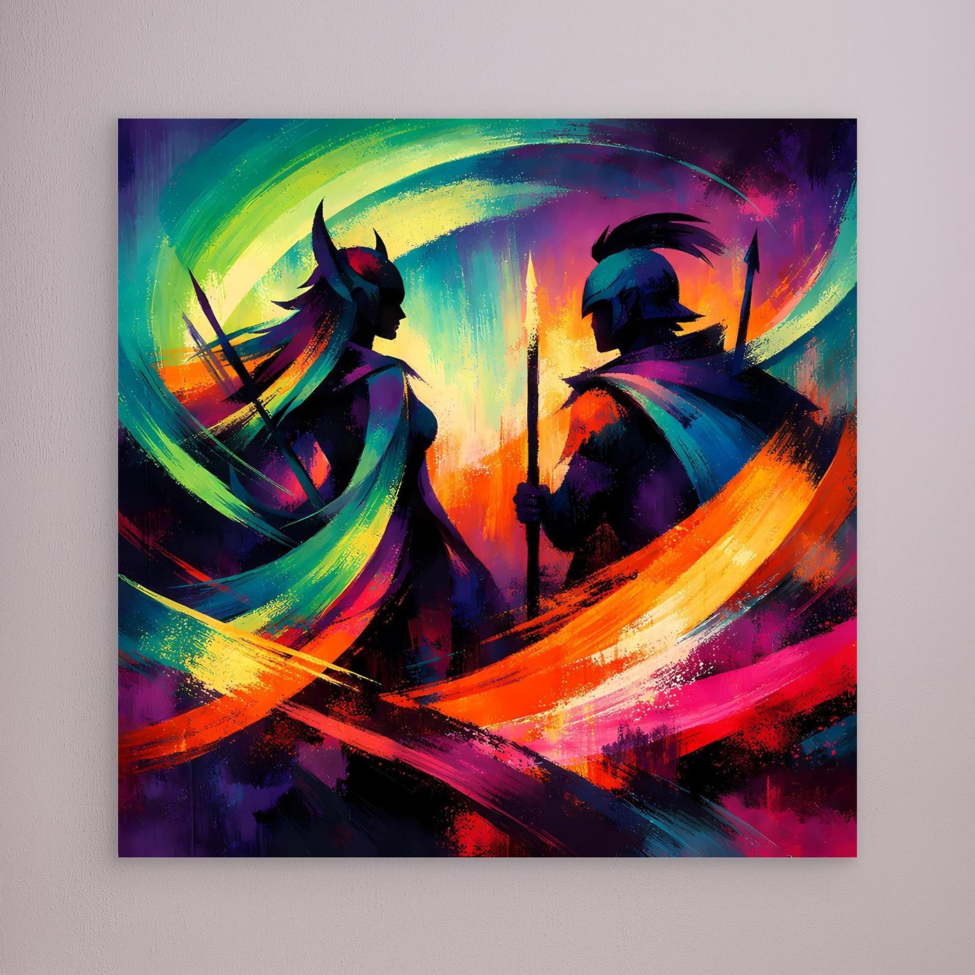 Leinwandbild mit zwei Krieger-Silhouetten und bunten Pinselstrichen, ohne Rahmen