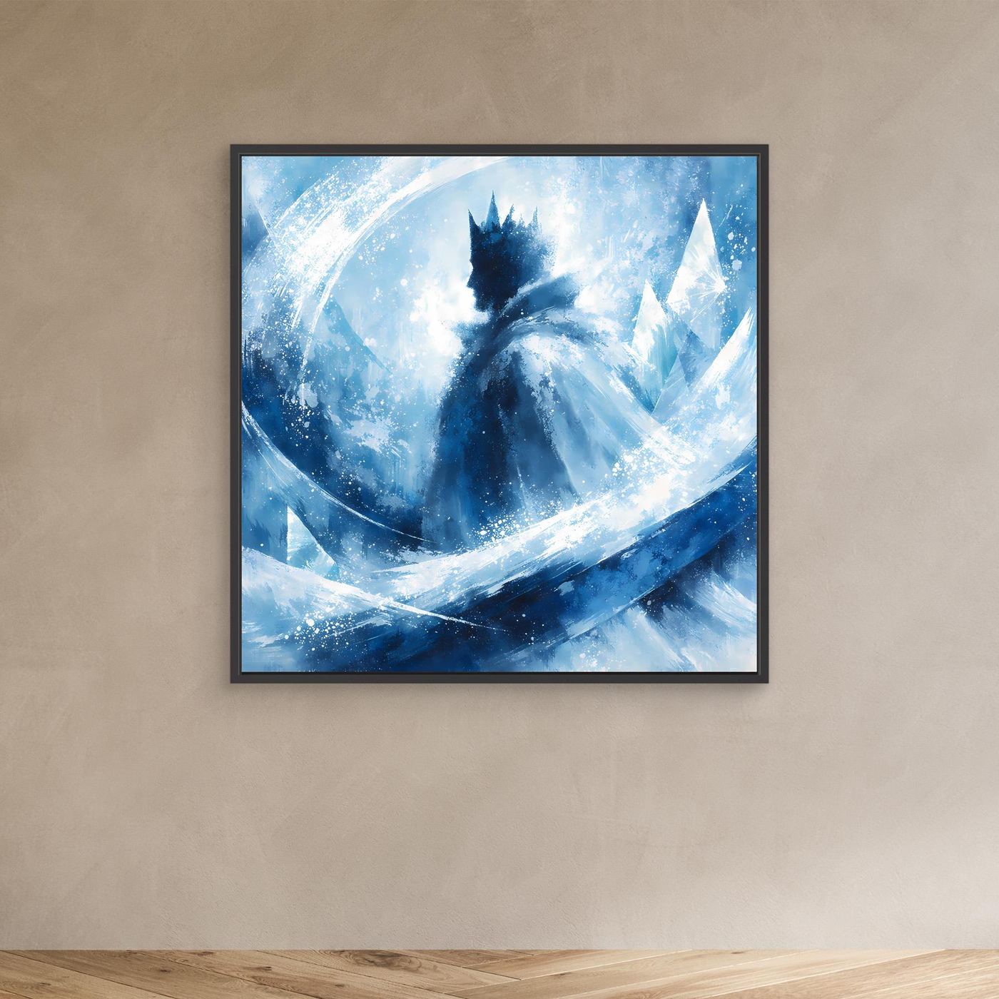 Leinwandbild mit abstraktem Wintermotiv Blau im schwarzen Rahmen, Eiskönigin-Silhouette