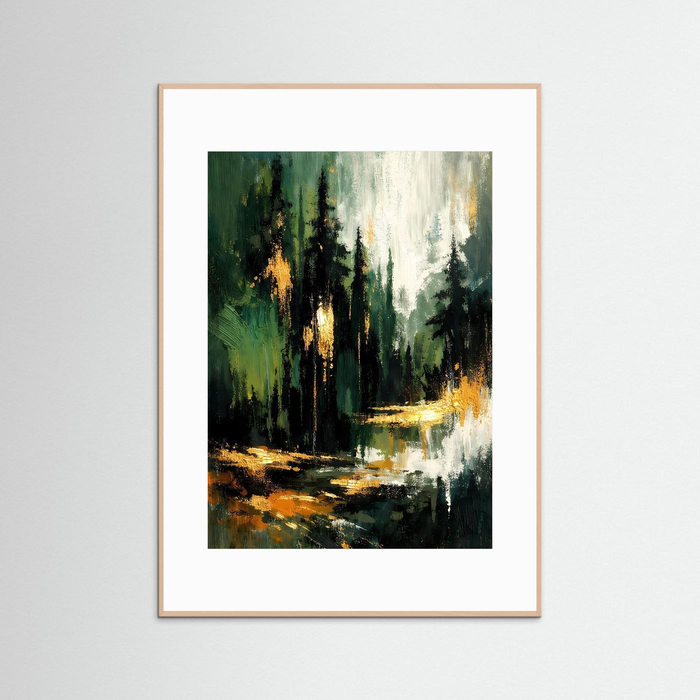 Abstraktes Tannenwald-Poster im hellen Holzrahmen, mit goldenen Lichtspuren