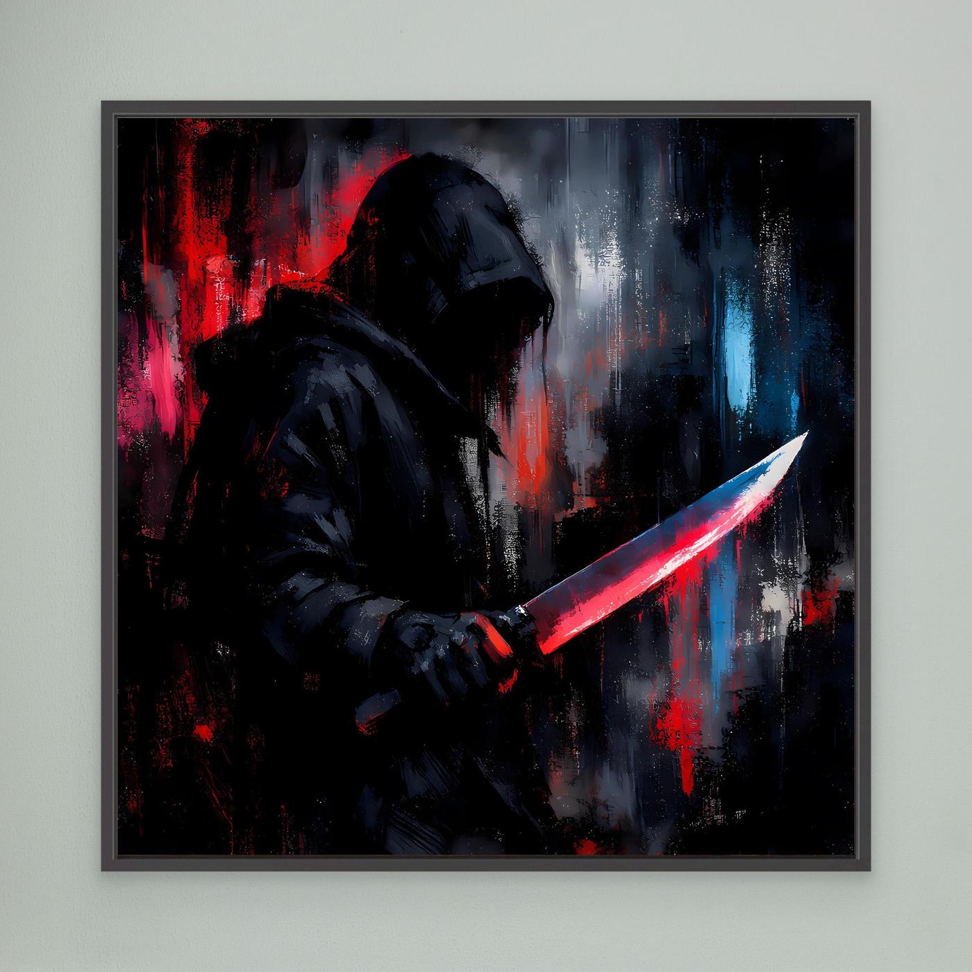 Wandbild: Cyberpunk-Schattenkrieger mit rotem Schwert, schwarzer Rahmen