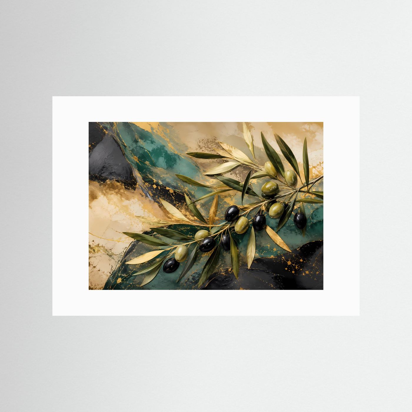 Mediteraner Frieden: Olivenzweig in Gold und Petrol | Modernes Natur-Poster Querformat