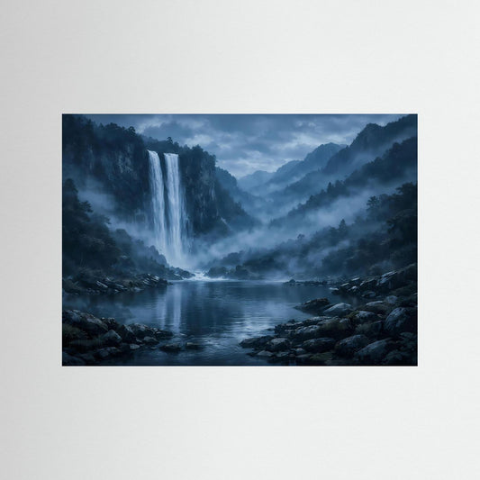 Wandbild Querformat mit Wasserfall, Nebelwald und ruhigem Fluss; ohne sichtbaren Rahmen