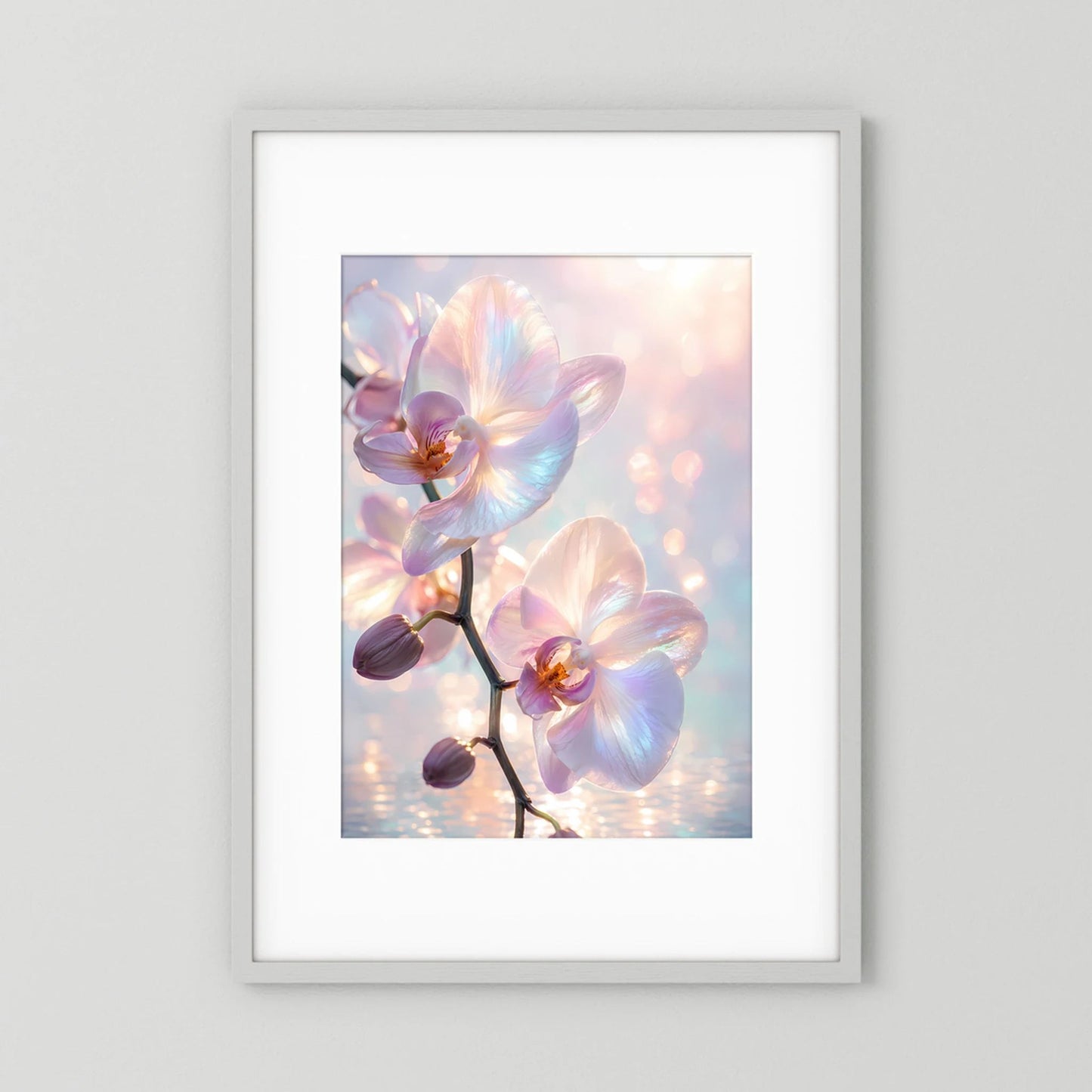 Orchideen-Kunstposter im Hochformat mit pastellfarbenen Blüten (rosa/blau), im weißen Rahmen