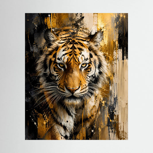 Kunstposter Hochformat: Tigerkopf in Gold- und Schwarztönen, abstrakte Spritzer
