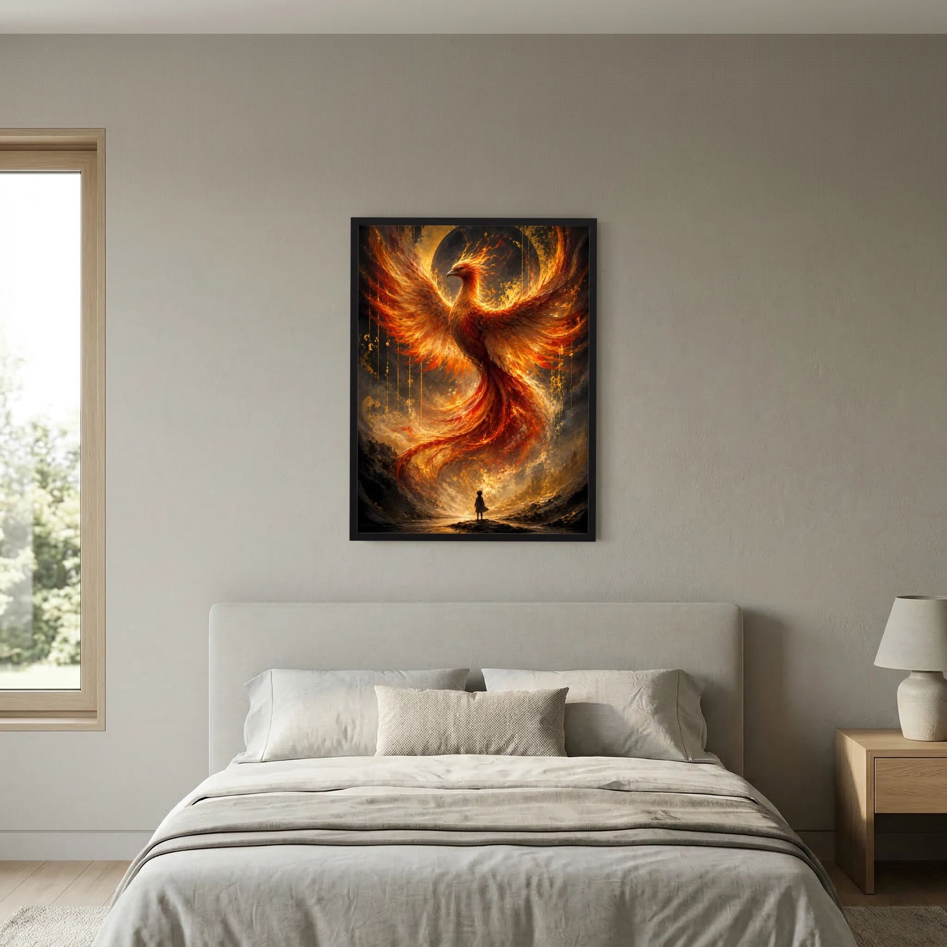 Hochformat-Poster mit Phönix aus Feuer in Gold und Orange, schwarzer Rahmen