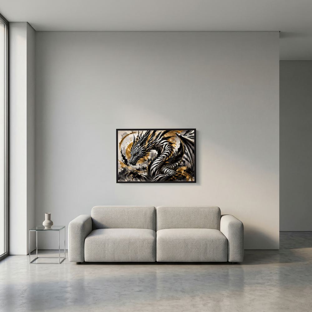 Kleines, gerahmtes Poster im Querformat mit Zebra-Drachenmotiv in Schwarz, Weiß und Gold