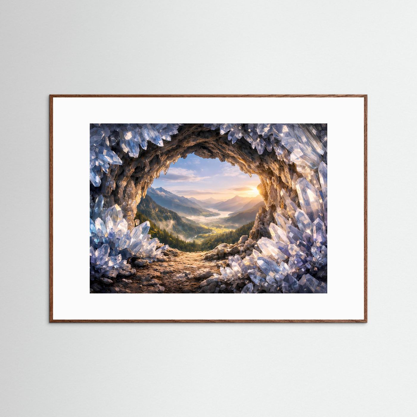 Fantasy-Panorama-Poster: Kristallhöhle mit Sonnenaufgangsblick, brauner Holzrahmen