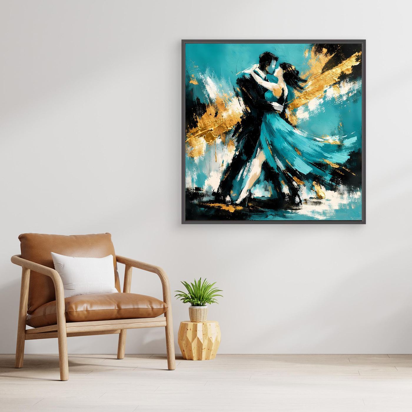Leinwand Abstraktes Tanzpaar in Türkis und Gold | Modernes Romantisches Paar Wandbild