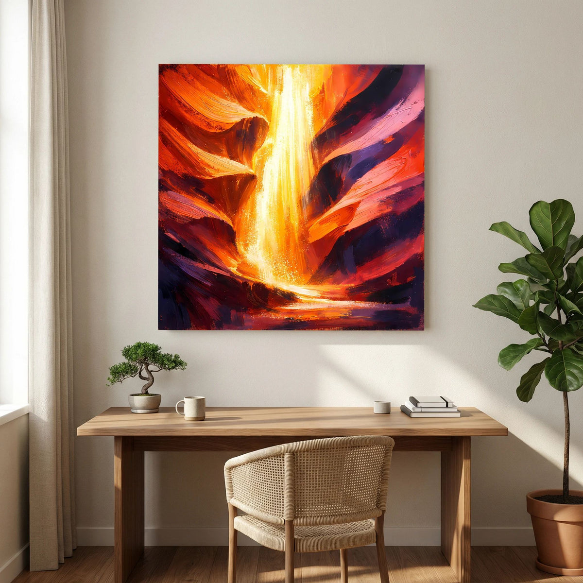 Abstraktes Leinwand-Wandbild mit goldener Lichtkaskade, rot-orangenem Schimmer und Dunkelblau