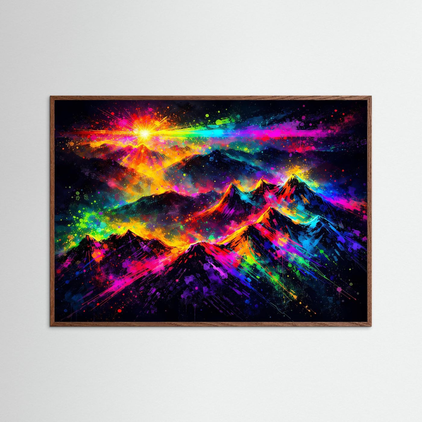 Poster mit Pop-Art-Gebirge und Sonnenaufgang, buntes Spektrum, dunkler Eichenrahmen