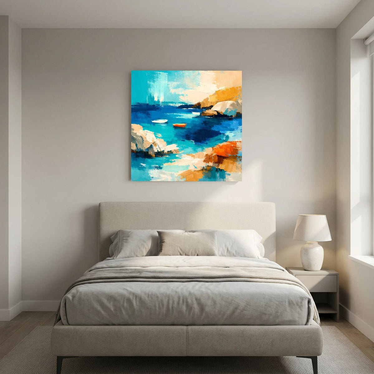 Gerahmtes Kunstwerk auf Leinwand: abstrakte Küste mit Booten, Blau und Orange