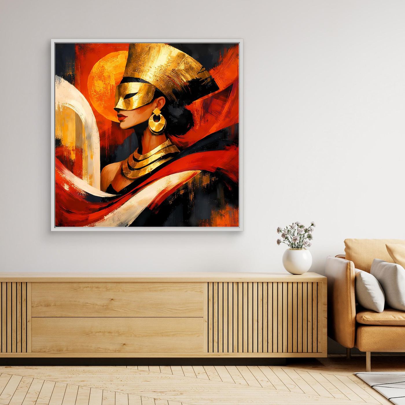 Leinwandbild mit ägyptischer Königin in Gold-Rot, im weißen Rahmen