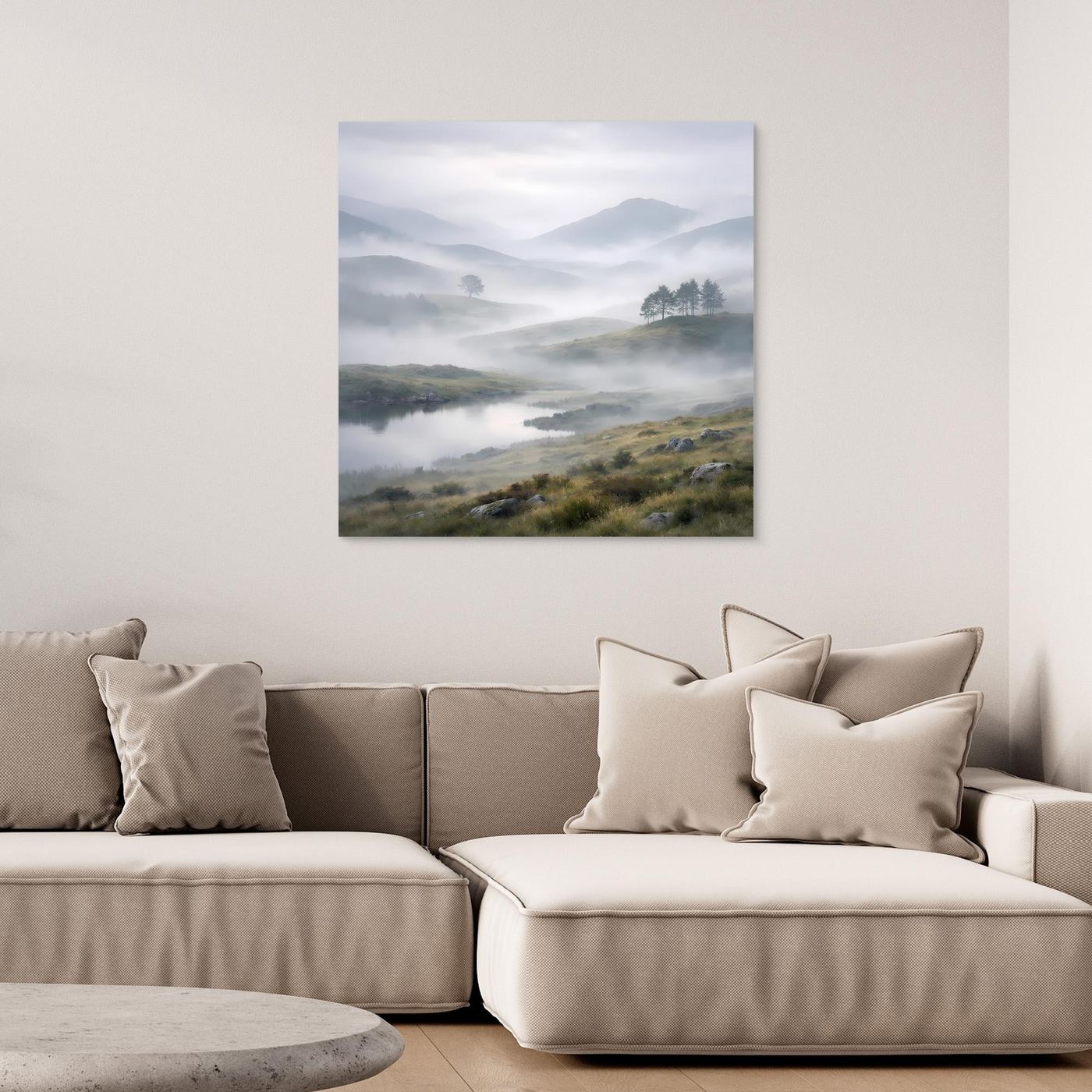 Leinwandbild mit Bergsee in Nebel, abstrakte Naturlandschaft ohne Rahmen