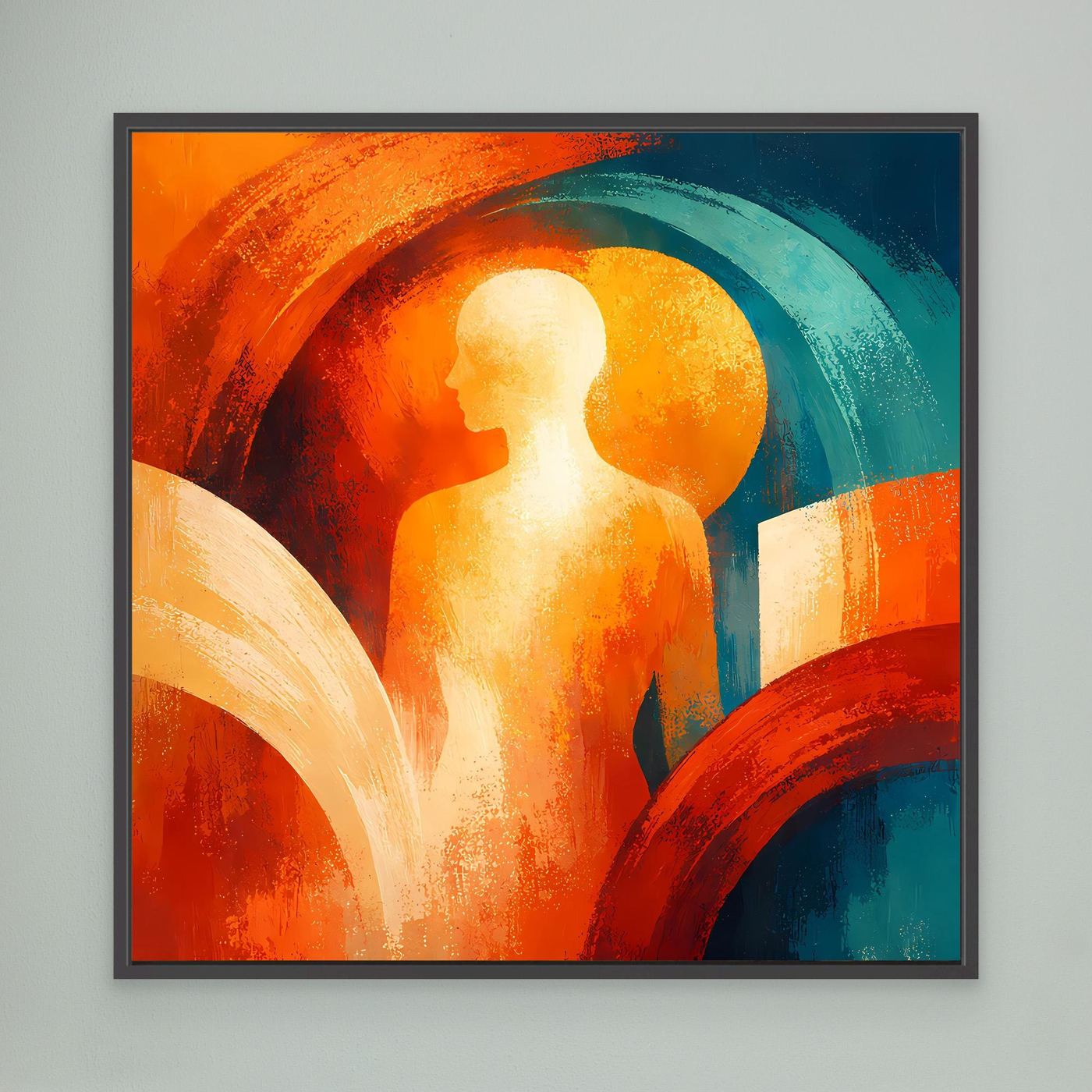 Abstraktes Wandbild mit Silhouette und Sonne, orange und türkis, großer Bogen, schwarz gerahmt
