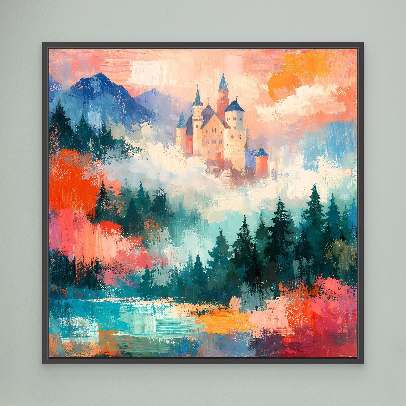 Abstraktes Leinwand-Wandbild mit Schloss und Bergsee, schwarz gerahmt