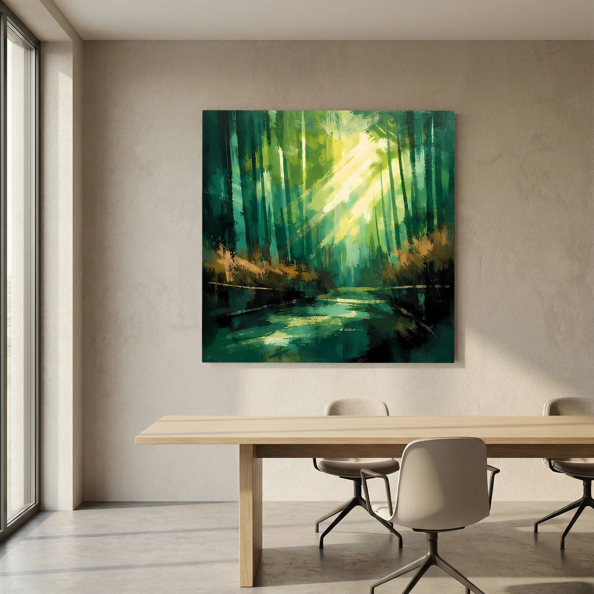 Leinwand-Wandbild mit grünen Bäumen, hellen Strahlen und dunklem Fluss im Vordergrund