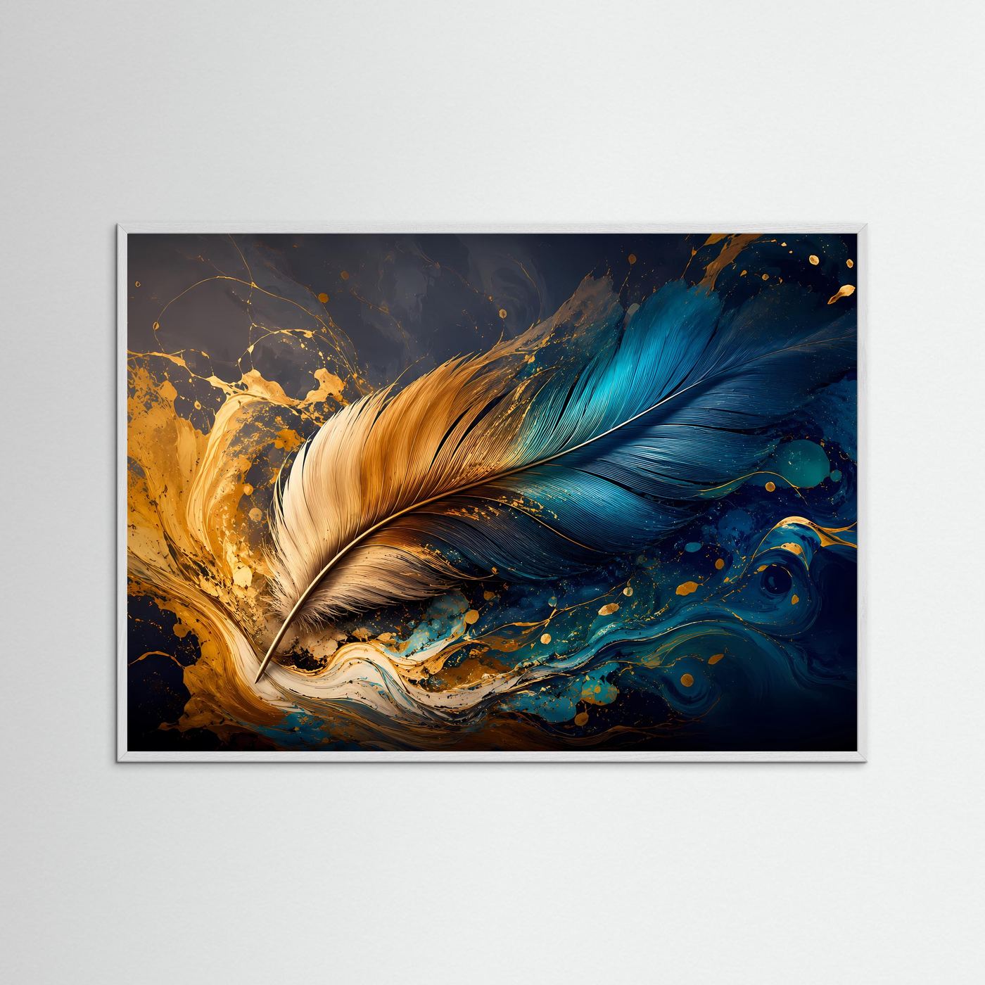 Schwerelose Eleganz: Goldene und blaue Feder im Farbrausch | Modernes Art-Poster Querformat