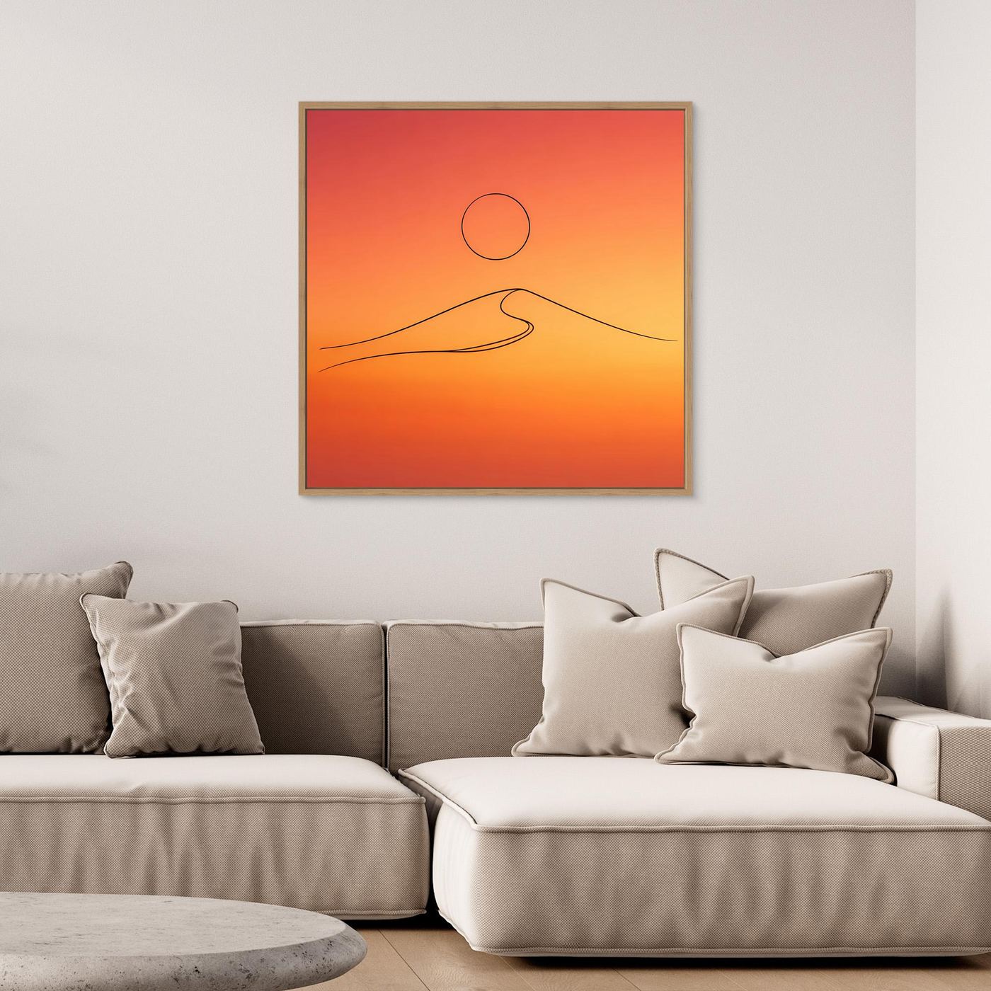 Leinwandbild mit minimalistischer Wüstendüne, Kreis und Linie im Orangeverlauf, Eichenrahmen