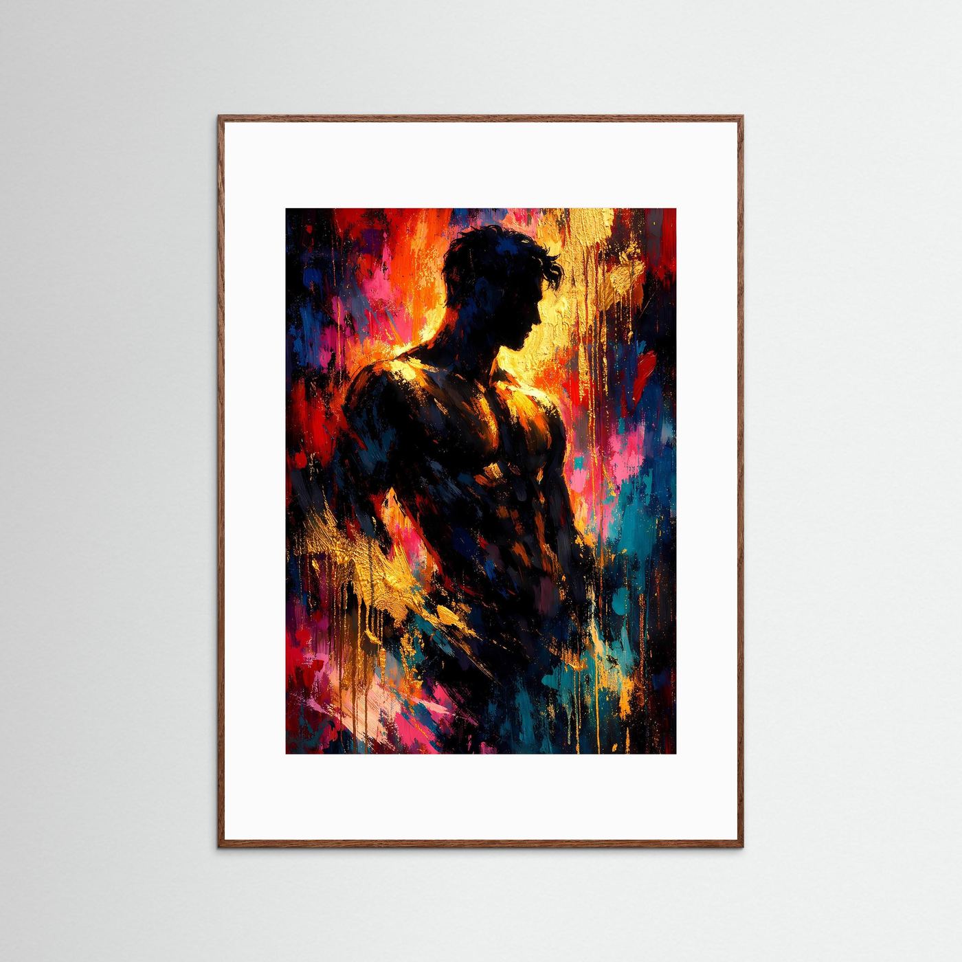 Gerahmtes Kunstposter mit abstrakter Männer-Silhouette, bunte Farb-Spritzer, brauner Holzrahmen