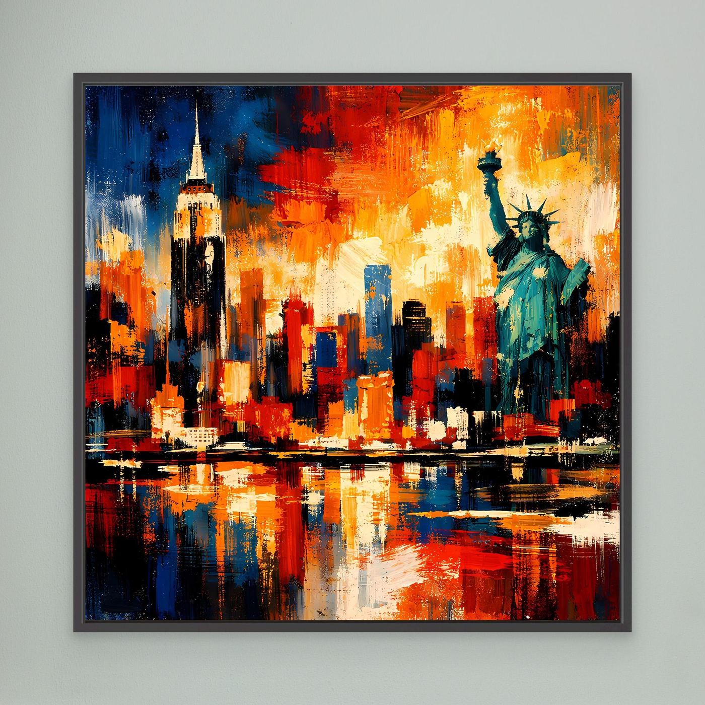 Leinwandbild mit abstrakter Skyline und Freiheitsstatue, schwarz gerahmt