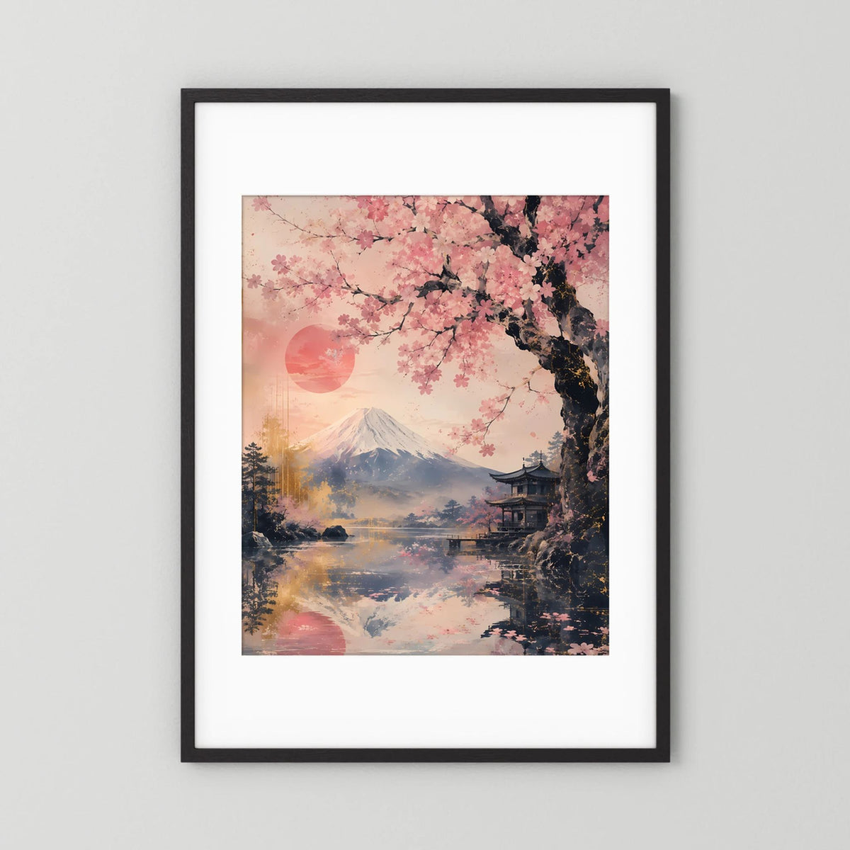 Hochformat-Poster im schwarzen Rahmen mit weißem Rand: Sakura, Fuji und Pagode