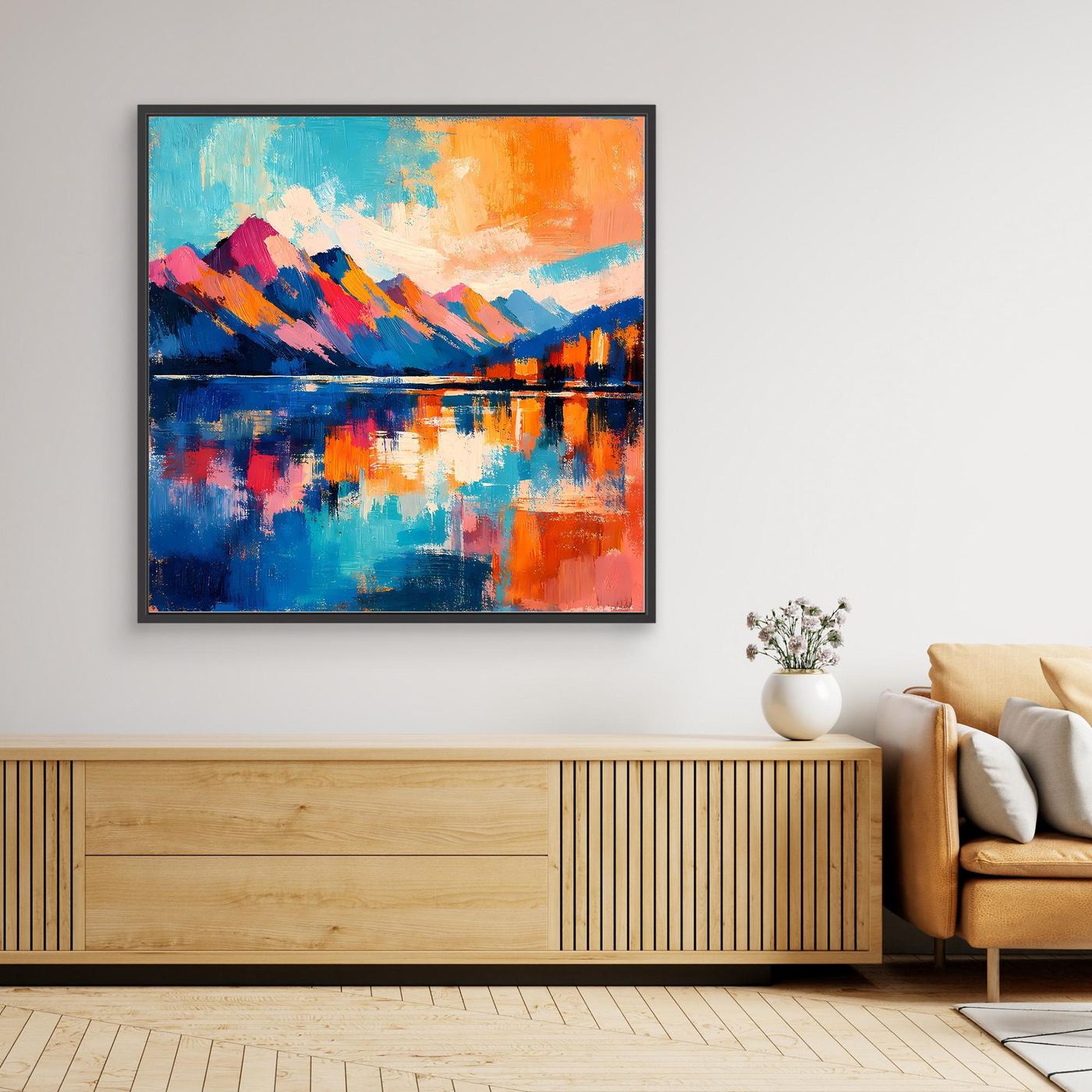 Schwarz gerahmtes Leinwand-Wandbild mit abstrakter Berglandschaft und See in kräftigen Farben