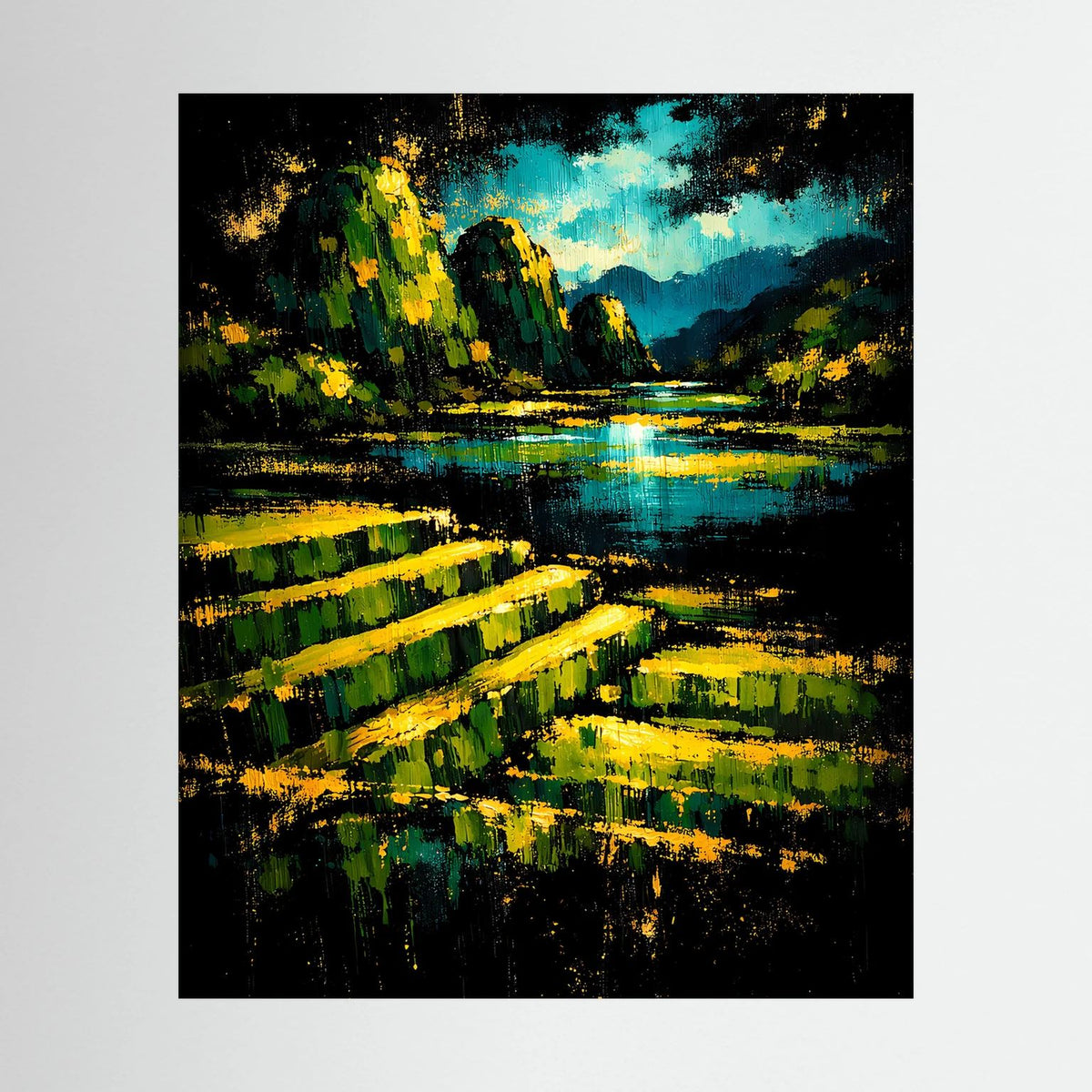 Abstraktes Landschafts-Wandposter: grün-gelbe Pinselstreifen, blauer Fluss, dunkler Hintergrund