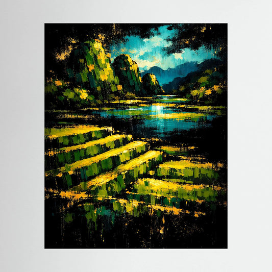 Abstraktes Landschafts-Wandposter: grün-gelbe Pinselstreifen, blauer Fluss, dunkler Hintergrund