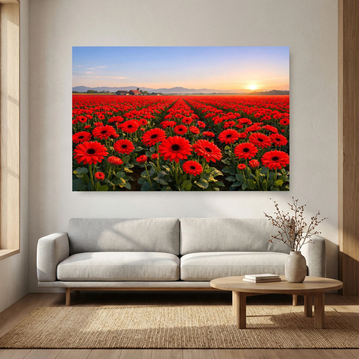 Wandposter mit rotem Blumenfeld, Sonnenaufgang und blauer Randkante, Querformat