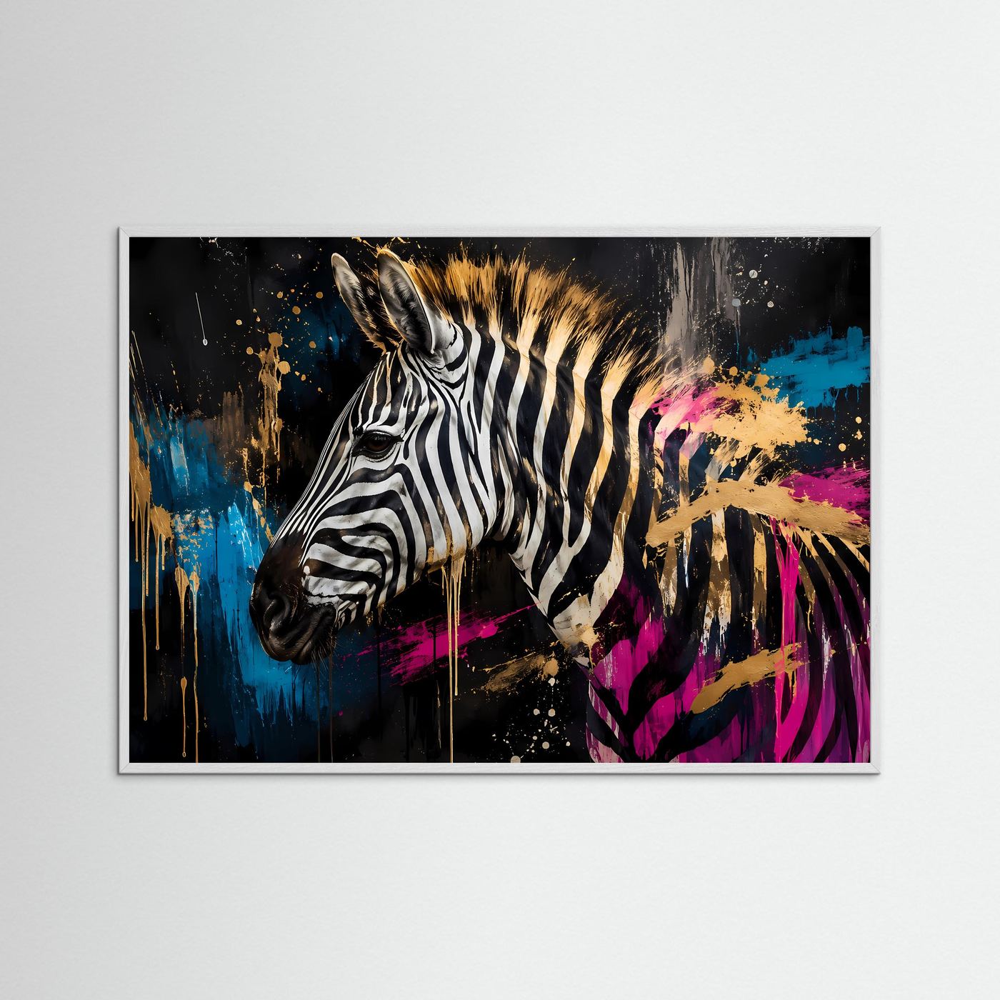 Faszinierendes Zebra in Schwarz-Weiß & Farbe | Modernes Wandbild mit Street-Art & Gold-Akzenten