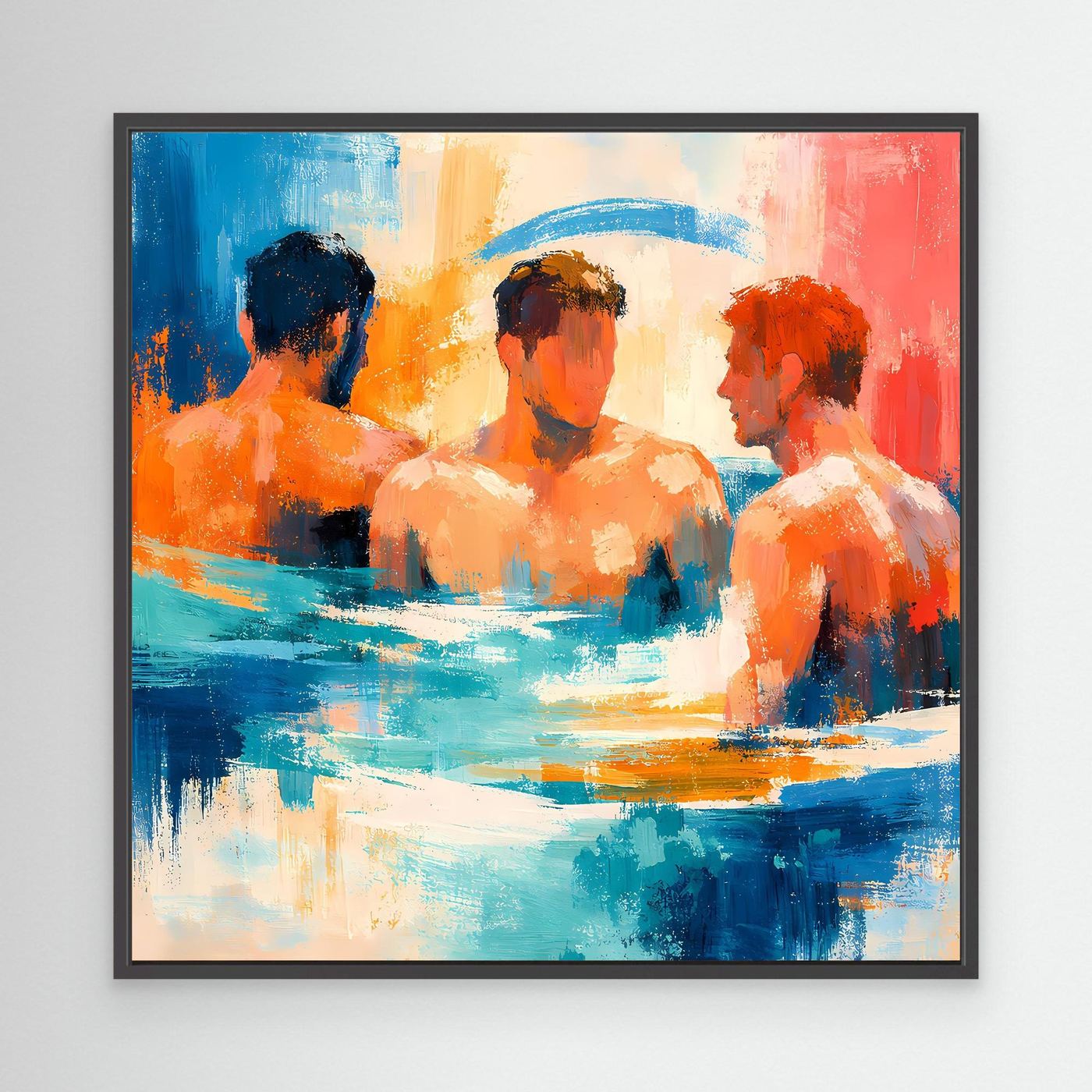 Framed abstract men-in-water painting wall art with blue and orange figures, black frame