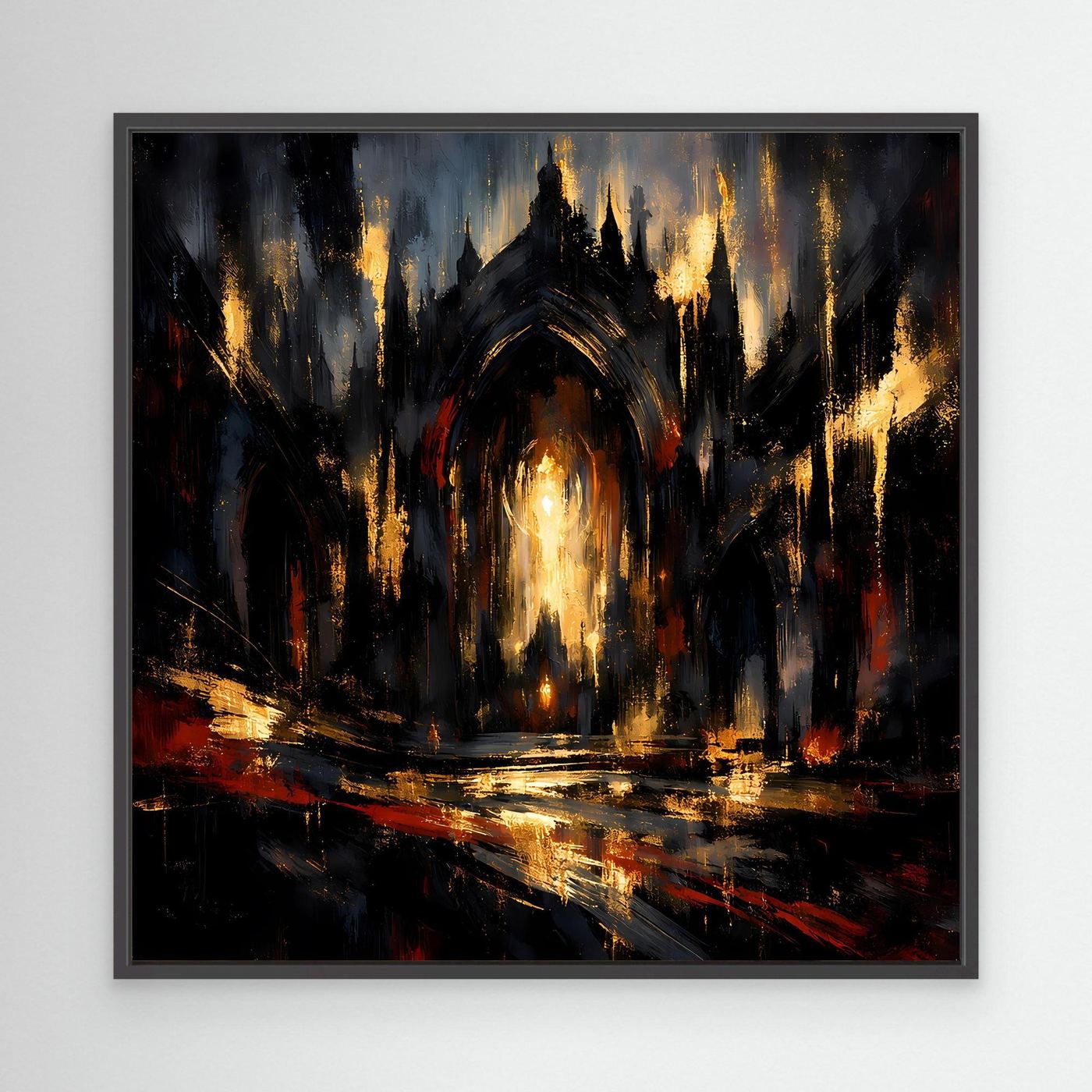 Abstraktes Leinwandbild mit schwarzem Rahmen, gotische Kathedrale dunkel, goldene Lichtakzente.