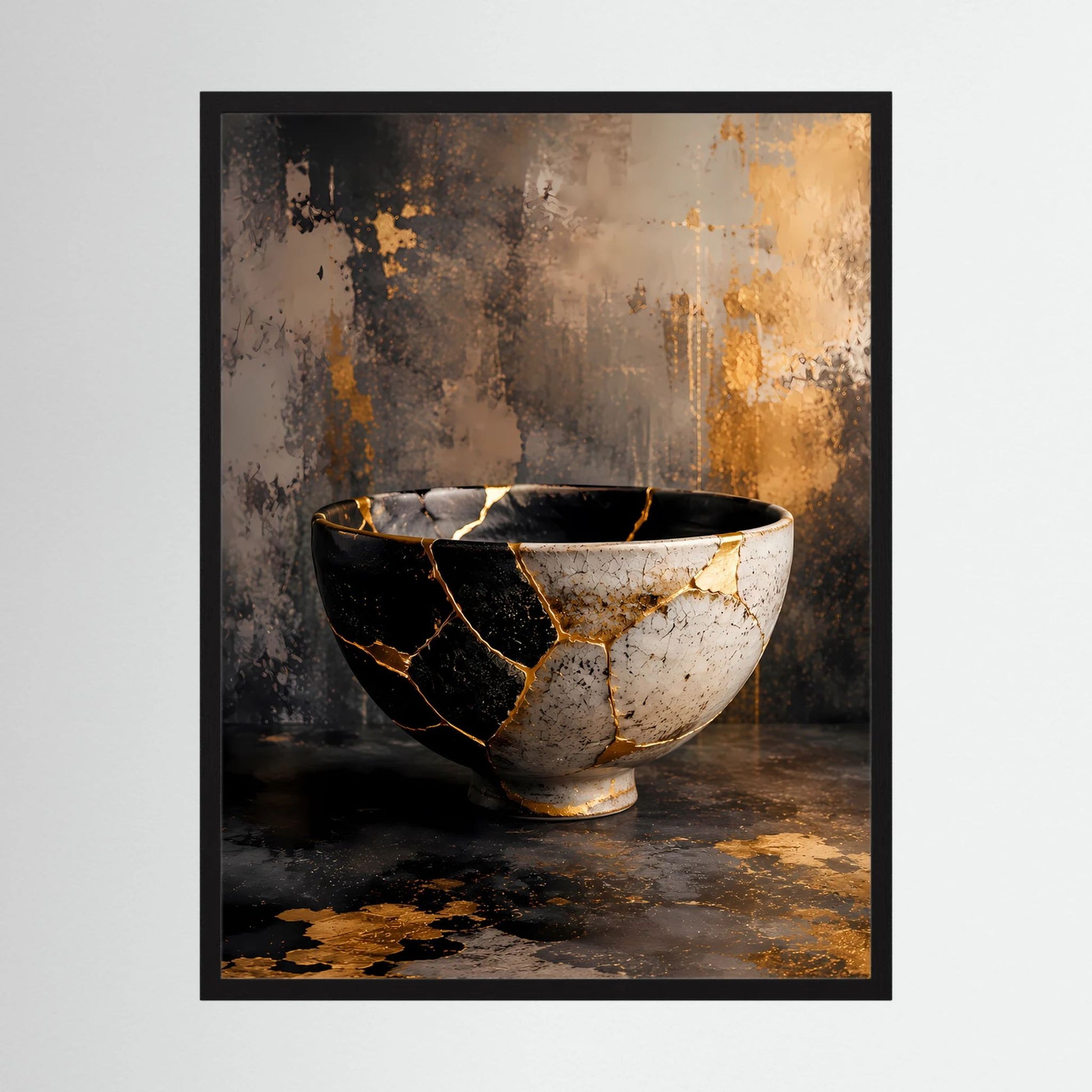 Gerahmter Poster: Kintsugi-Schale mit goldenen Rissen in Schwarz-Weiß