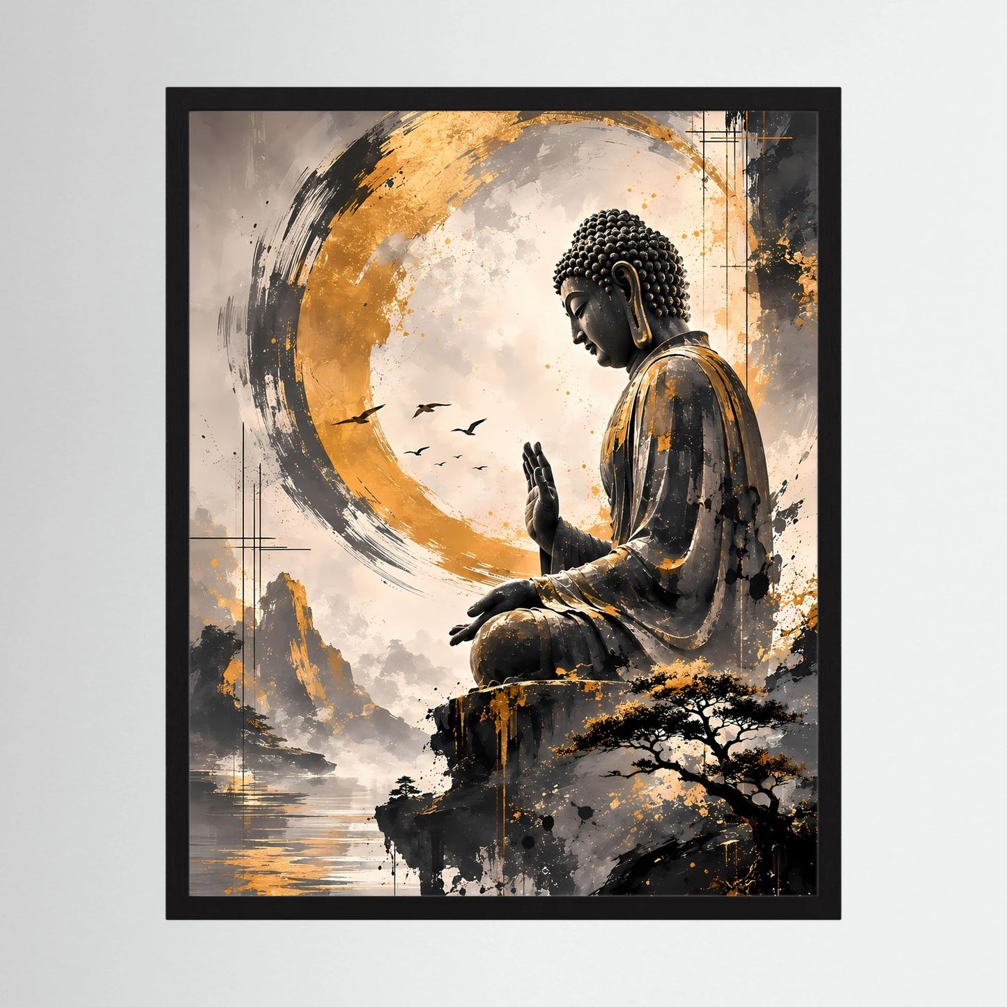 Gerahmtes Hochformat-Poster mit sitzendem Buddha im goldenen Kreis, Schwarz-Gold